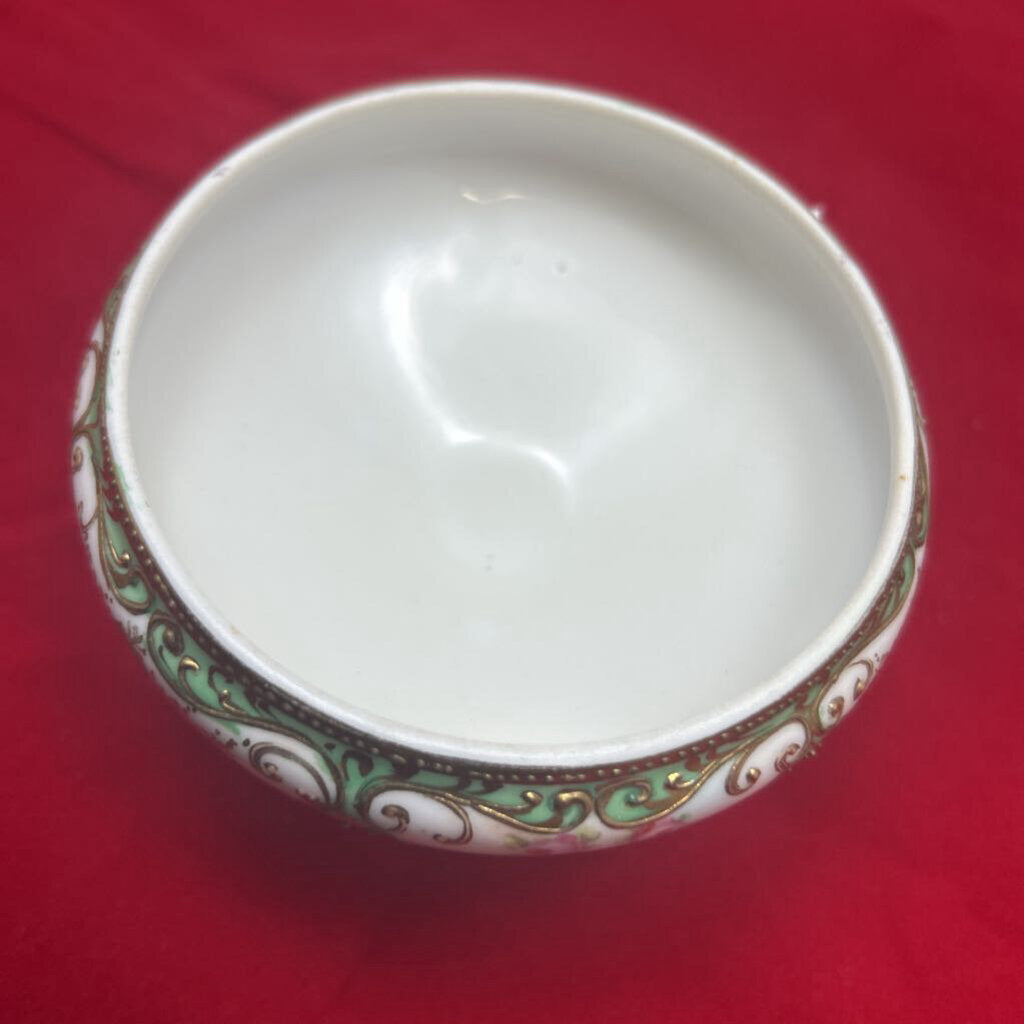 Floral Hand Painted Nippon 3 Legged Footed Bowl, Raised Gold Detail, Pink/Green.