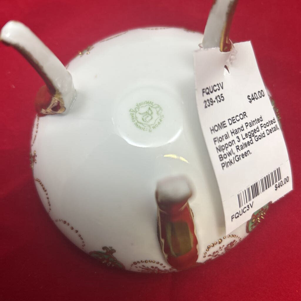 Floral Hand Painted Nippon 3 Legged Footed Bowl, Raised Gold Detail, Pink/Green.