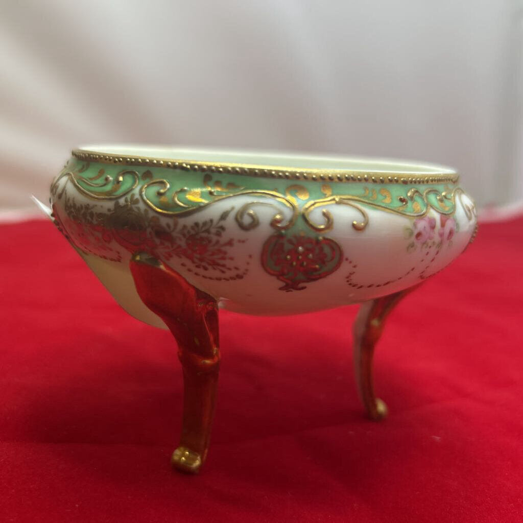 Floral Hand Painted Nippon 3 Legged Footed Bowl, Raised Gold Detail, Pink/Green.
