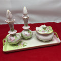 Nippon 1940s Hand Painted Porcelain Floral set, 2 Vase/Perfume Bottles with Lids, Trinket Dish.