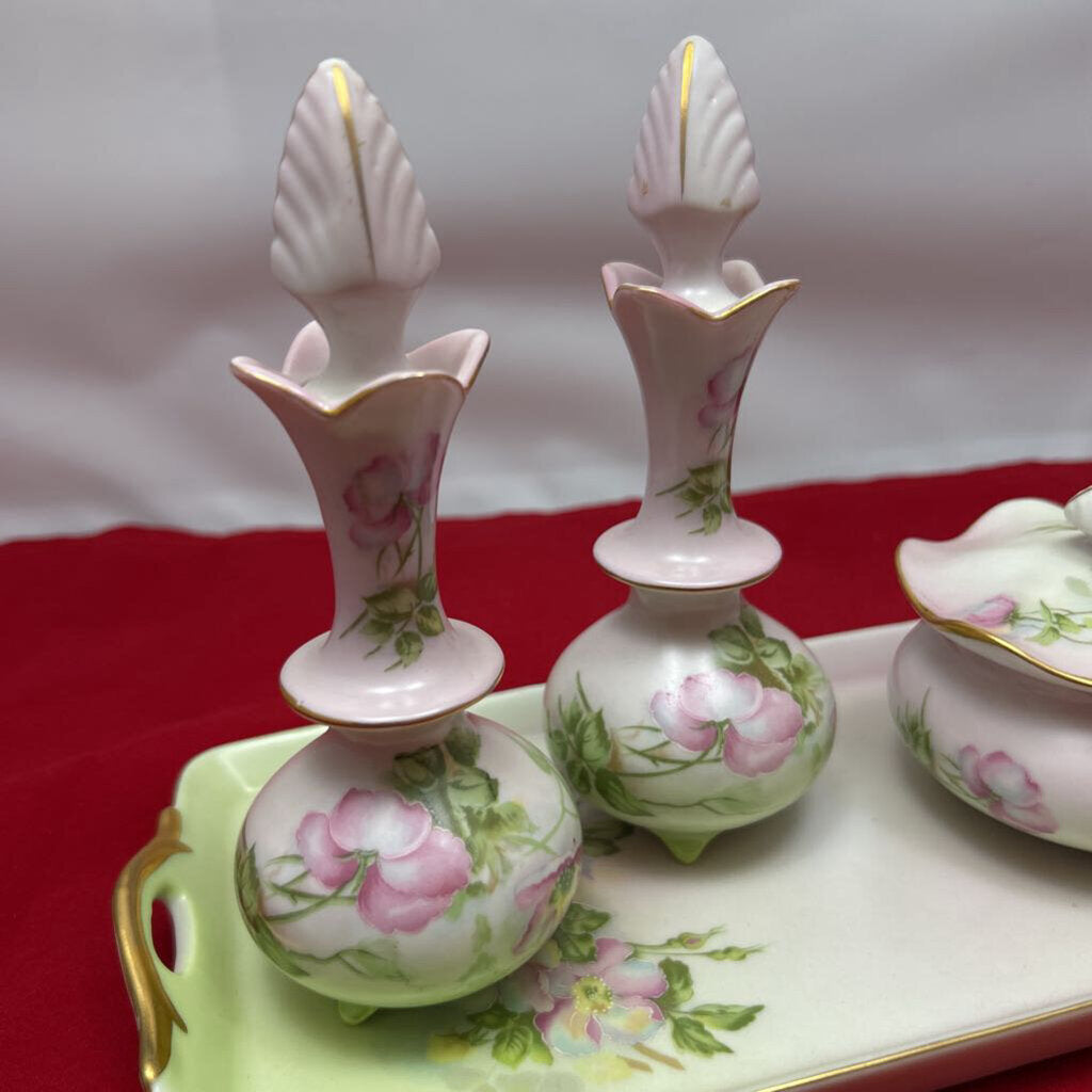 Nippon 1940s Hand Painted Porcelain Floral set, 2 Vase/Perfume Bottles with Lids, Trinket Dish.