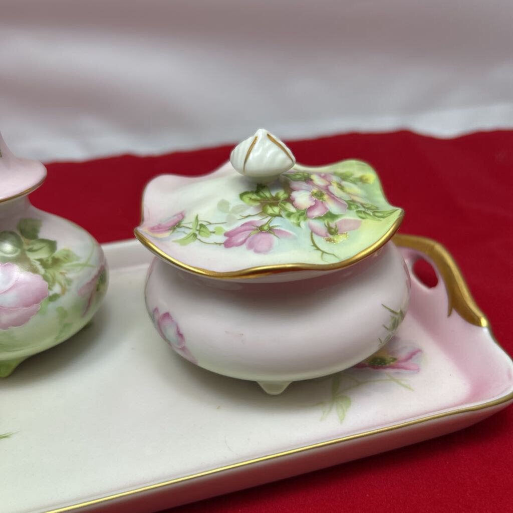 Nippon 1940s Hand Painted Porcelain Floral set, 2 Vase/Perfume Bottles with Lids, Trinket Dish.