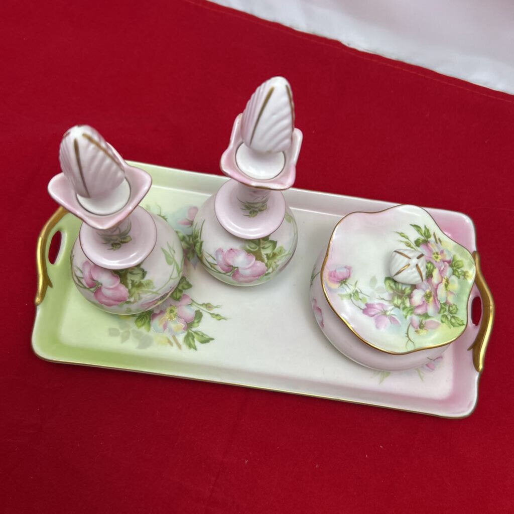 Nippon 1940s Hand Painted Porcelain Floral set, 2 Vase/Perfume Bottles with Lids, Trinket Dish.