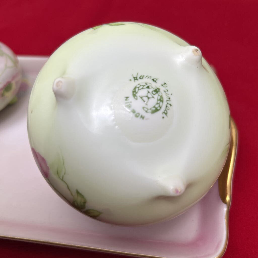 Nippon 1940s Hand Painted Porcelain Floral set, 2 Vase/Perfume Bottles with Lids, Trinket Dish.