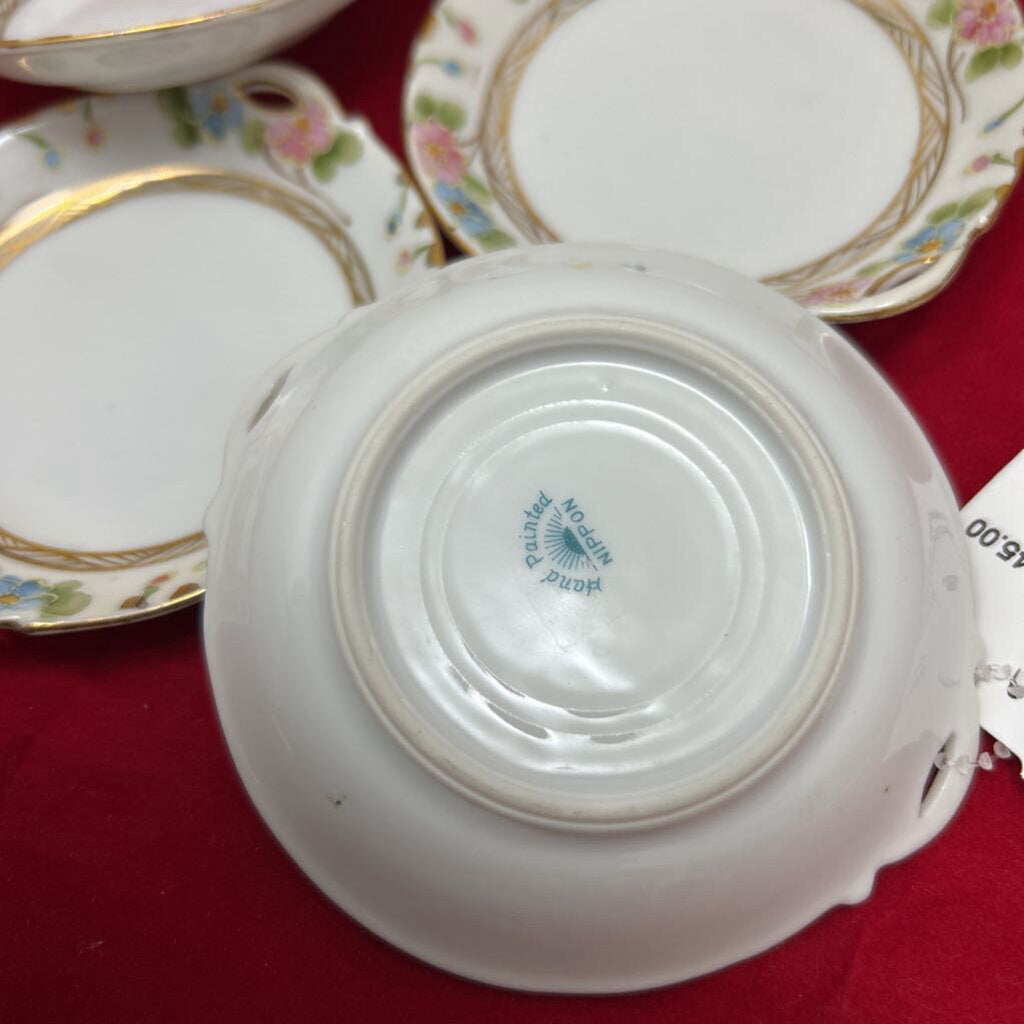 Antique Hand Painted Nippon Floral Pink Blue Gold Dish x5
