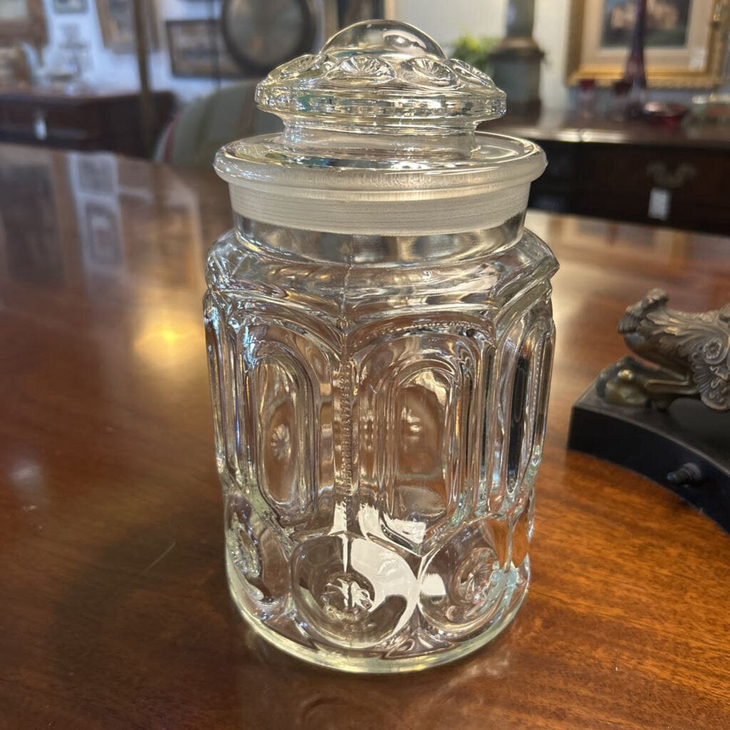 Vintage LE Smith Moon & Stars 9.5" Clear Glass Canister Jar w/lid 1960-70s