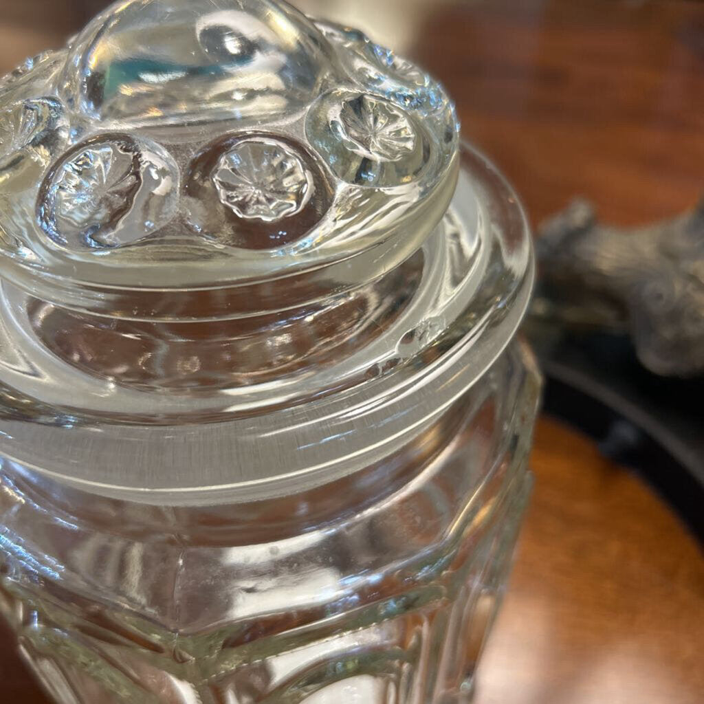 Vintage LE Smith Moon & Stars 9.5" Clear Glass Canister Jar w/lid 1960-70s