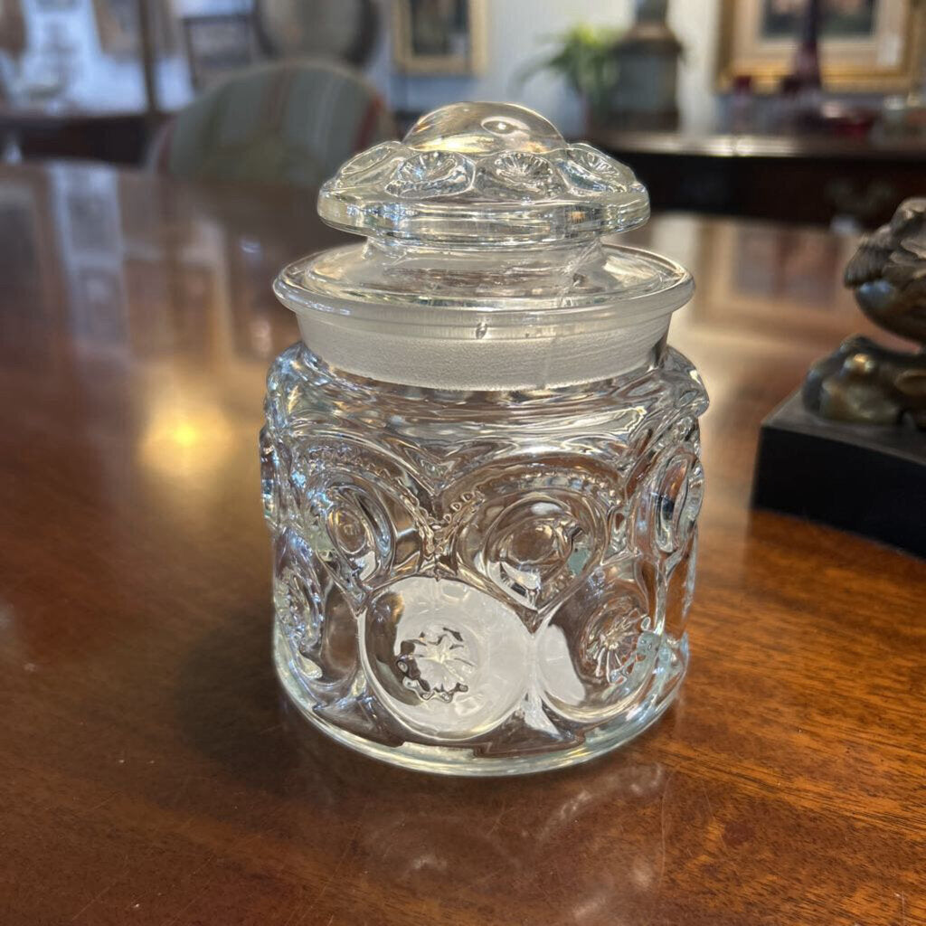 Vintage LE Smith Moon & Stars 5" Clear Glass Canister Jar w/lid 1960-70s