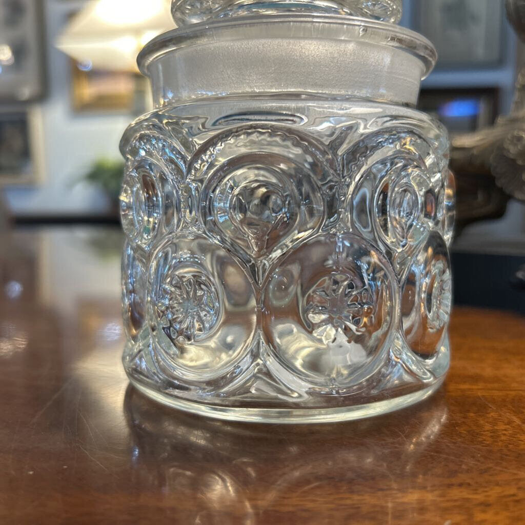 Vintage LE Smith Moon & Stars 5" Clear Glass Canister Jar w/lid 1960-70s