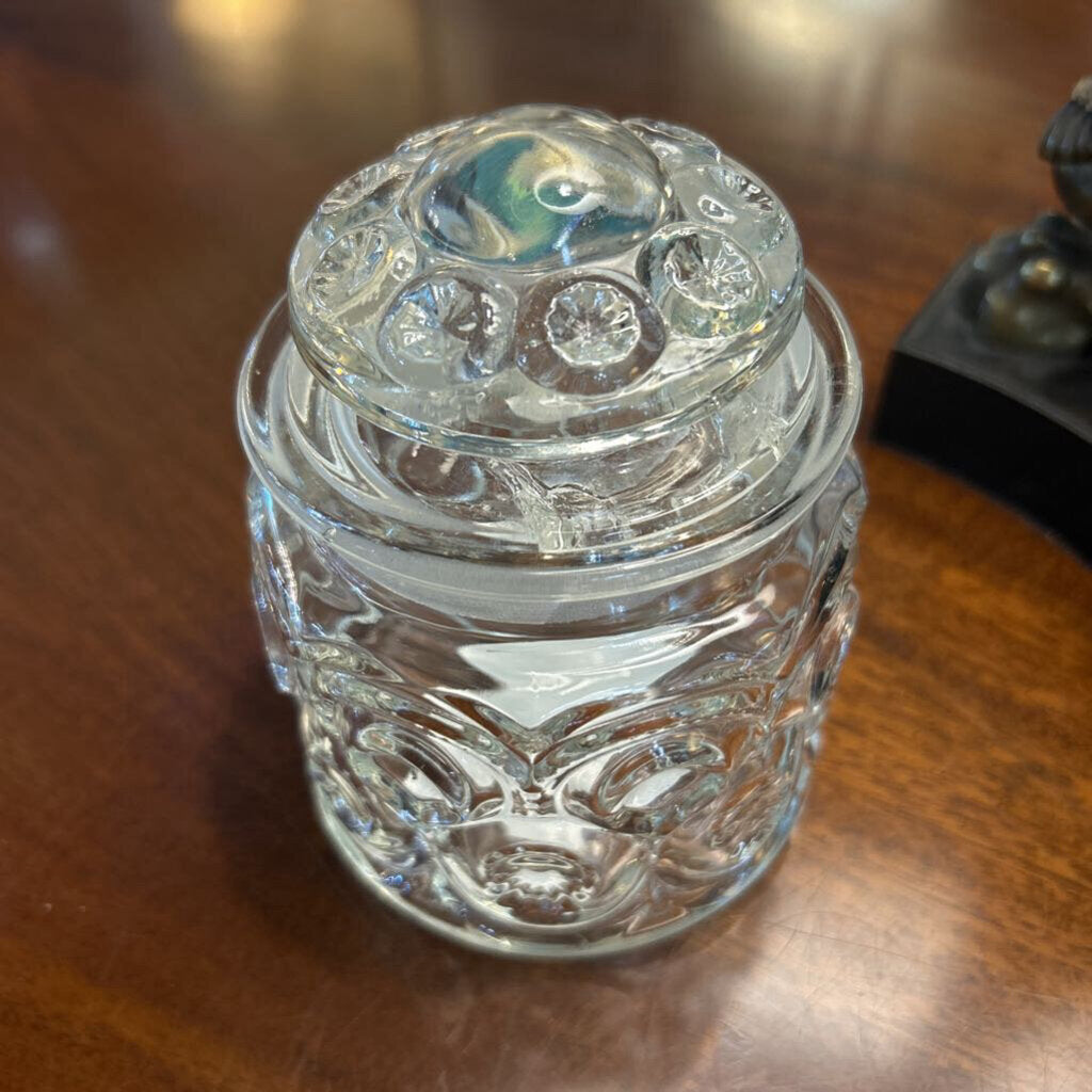 Vintage LE Smith Moon & Stars 5" Clear Glass Canister Jar w/lid 1960-70s