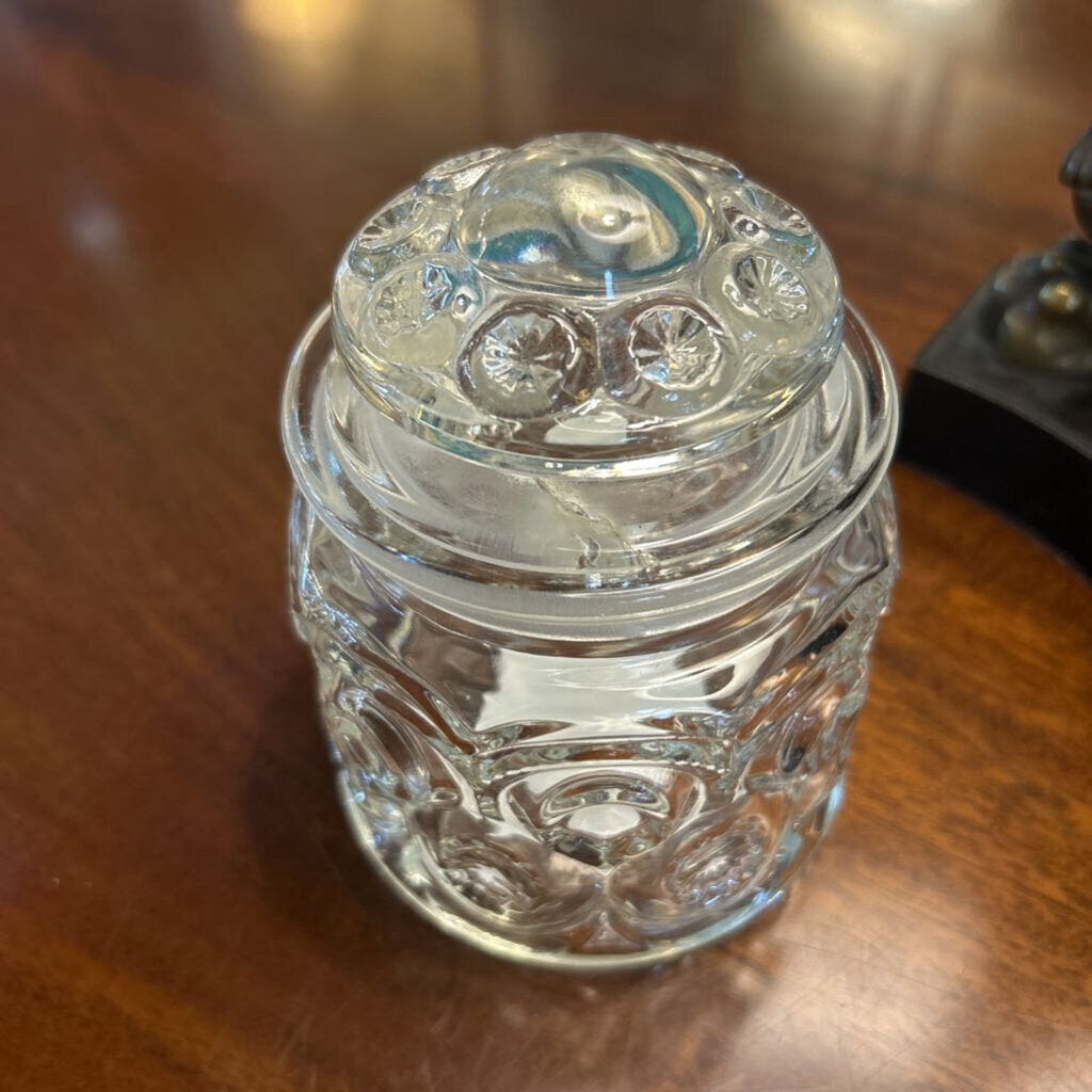 Vintage LE Smith Moon & Stars 5" Clear Glass Canister Jar w/lid 1960-70s