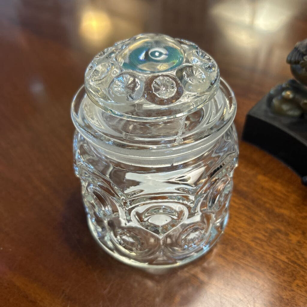 Vintage LE Smith Moon & Stars 5" Clear Glass Canister Jar w/lid 1960-70s