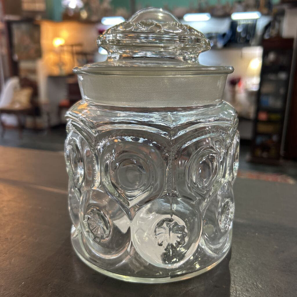 Vintage LE Smith Moon & Stars 7" Clear Glass Canister Jar w/lid 1960-70s
