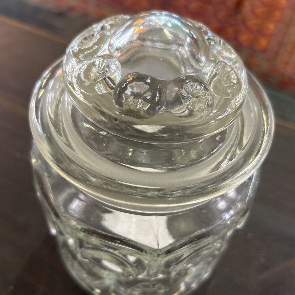 Vintage LE Smith Moon & Stars 7" Clear Glass Canister Jar w/lid 1960-70s