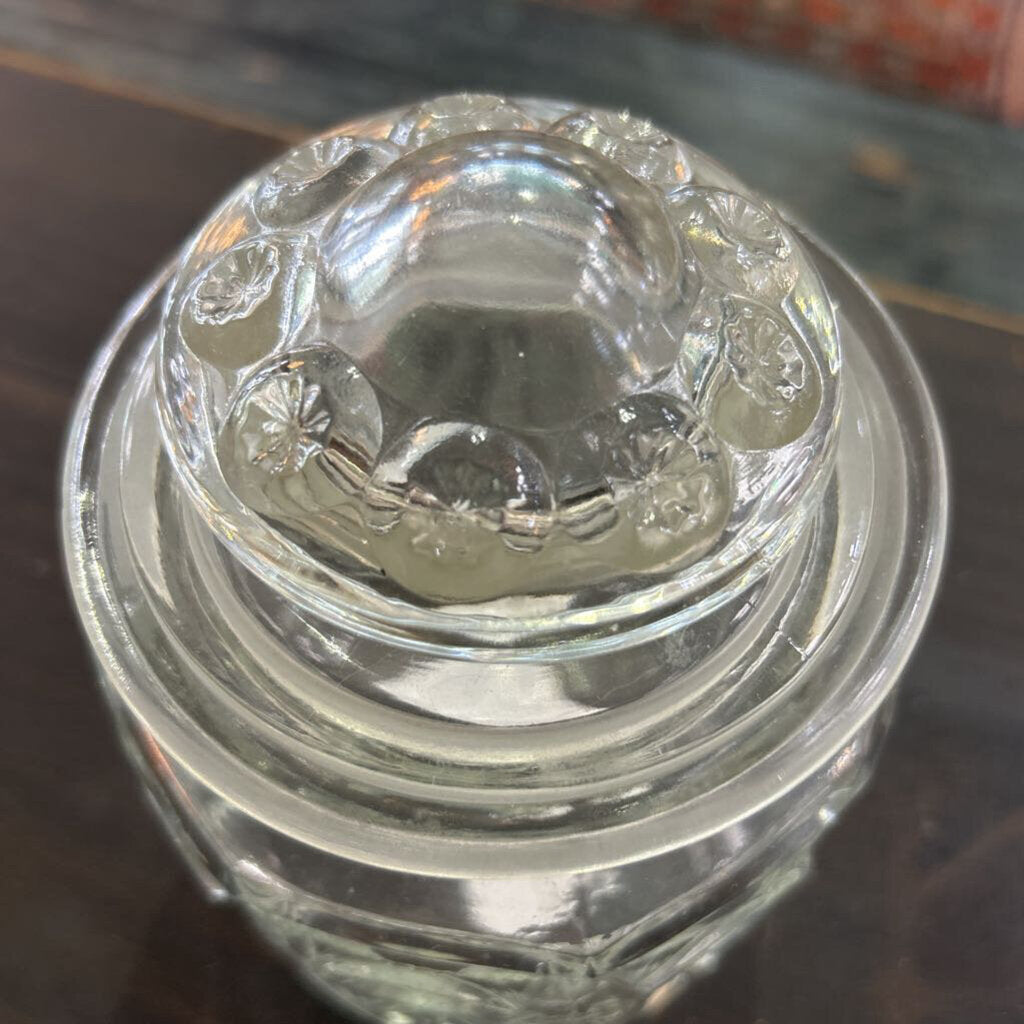 Vintage LE Smith Moon & Stars 7" Clear Glass Canister Jar w/lid 1960-70s