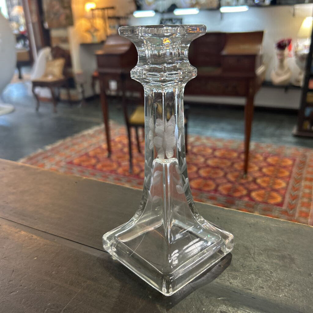 Vintage Clear Glass Candlestick Candle Holders Square Base, Etched Flowers. 7.5''.