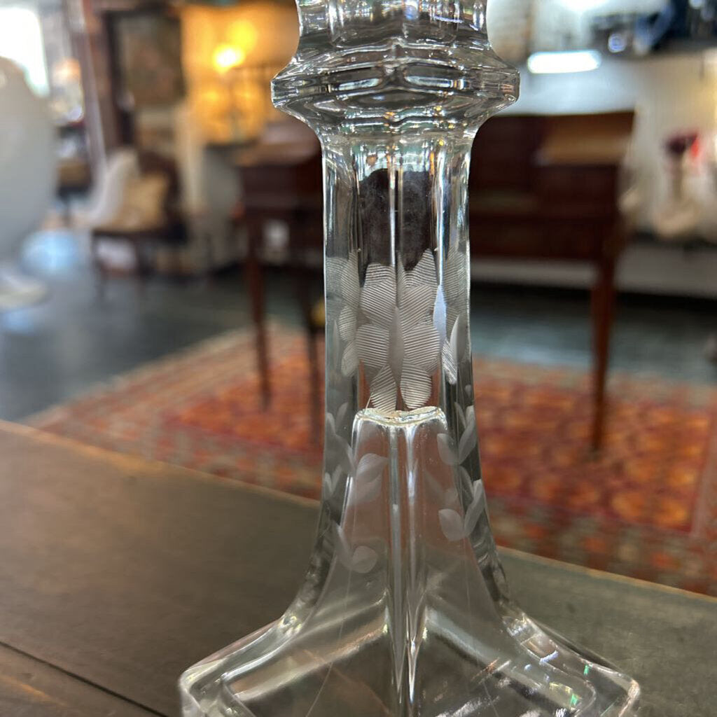 Vintage Clear Glass Candlestick Candle Holders Square Base, Etched Flowers. 7.5''.