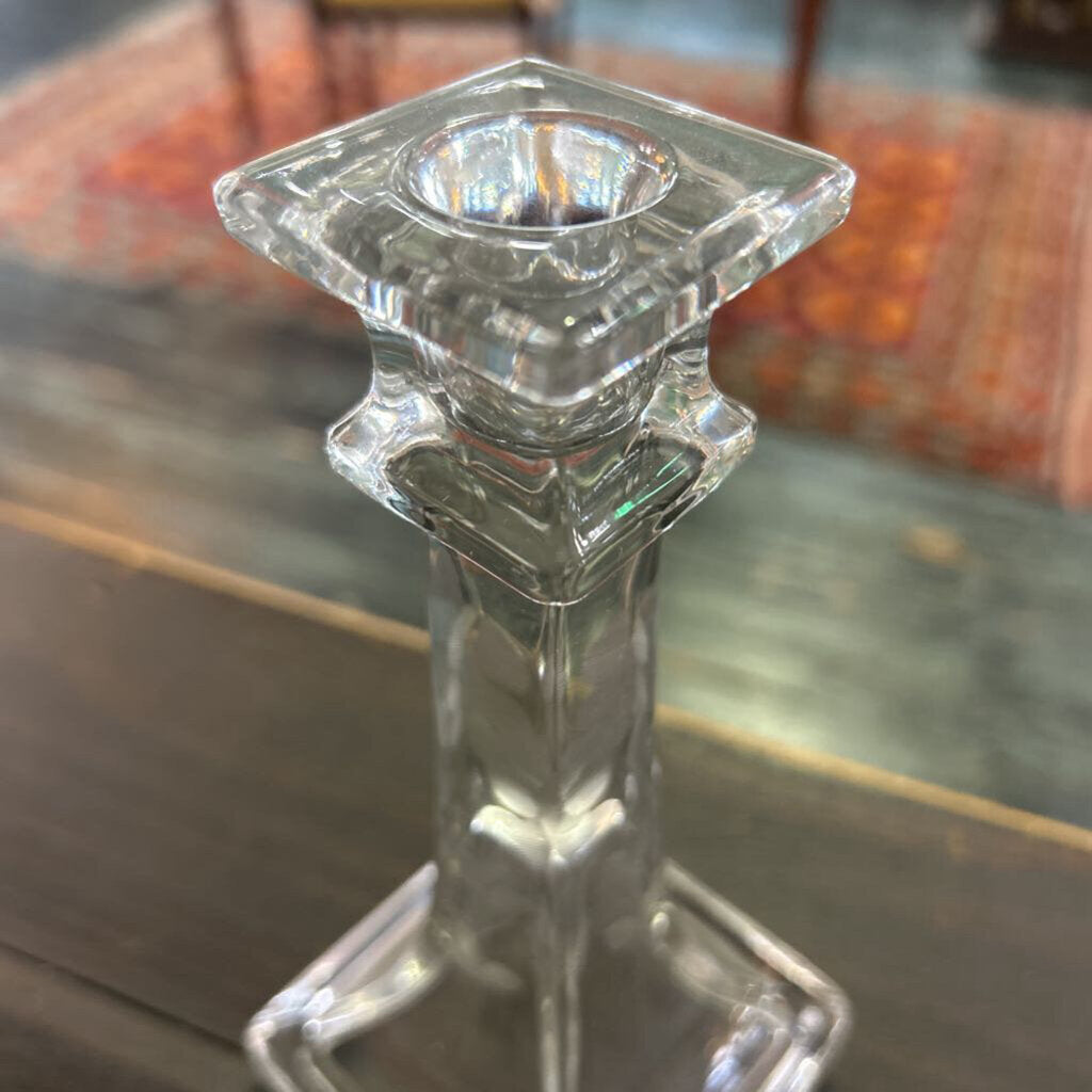 Vintage Clear Glass Candlestick Candle Holders Square Base, Etched Flowers. 7.5''.