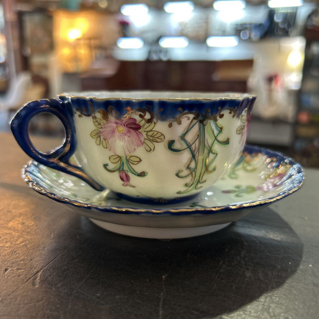 Antique Porcelain Teacup & Saucer, Cobalt Blue with Hand Painted Floral Design.