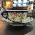 Antique Porcelain Teacup & Saucer, Cobalt Blue with Hand Painted Floral Design.