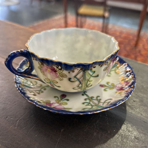 Antique Porcelain Teacup & Saucer, Cobalt Blue with Hand Painted Floral Design.