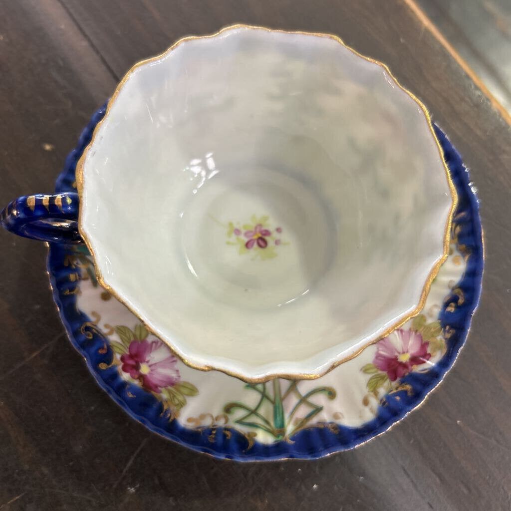Antique Porcelain Teacup & Saucer, Cobalt Blue with Hand Painted Floral Design.