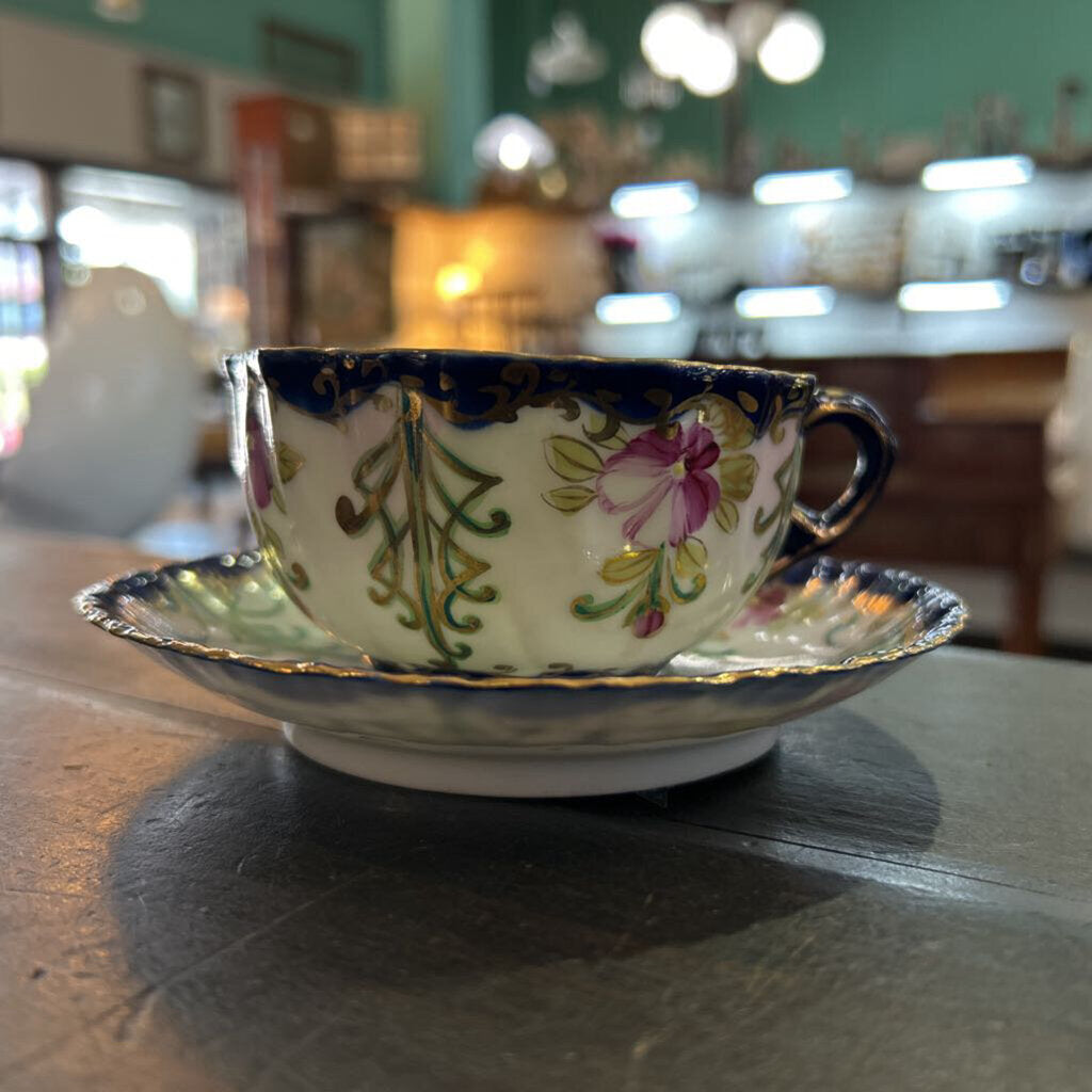 Antique Porcelain Teacup & Saucer, Cobalt Blue with Hand Painted Floral Design.
