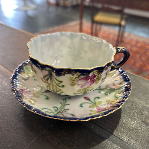 Antique Porcelain Teacup & Saucer, Cobalt Blue with Hand Painted Floral Design.