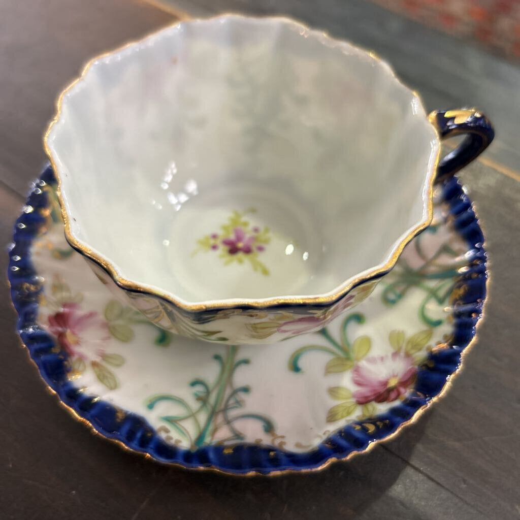 Antique Porcelain Teacup & Saucer, Cobalt Blue with Hand Painted Floral Design.