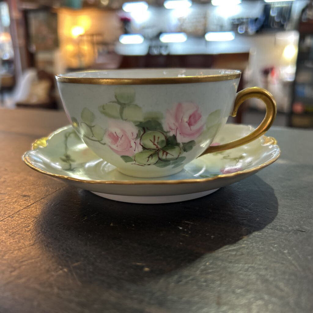 Antique German Porcelain Teacup/Saucer Hand-Painted, Pink roses and Gold rim.