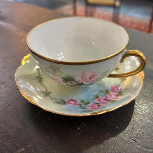 Antique German Porcelain Teacup/Saucer Hand-Painted, Pink roses and Gold rim.