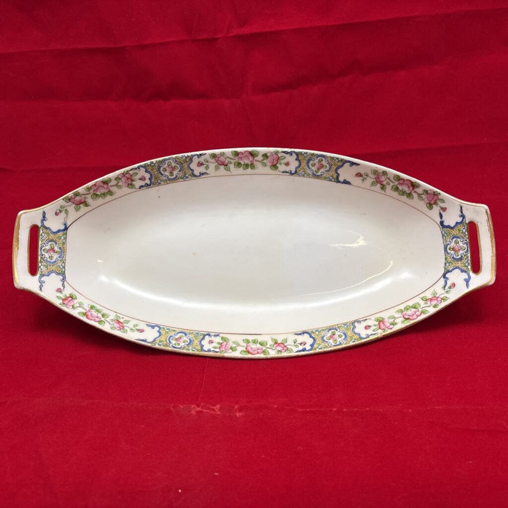 Nippon Porcelain Oval Rising Sun Celery Dish, Pink Roses Blue Ribbon.