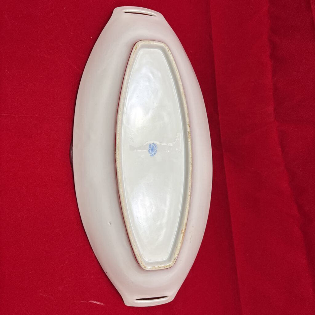 Nippon Porcelain Oval Rising Sun Celery Dish, Pink Roses Blue Ribbon.