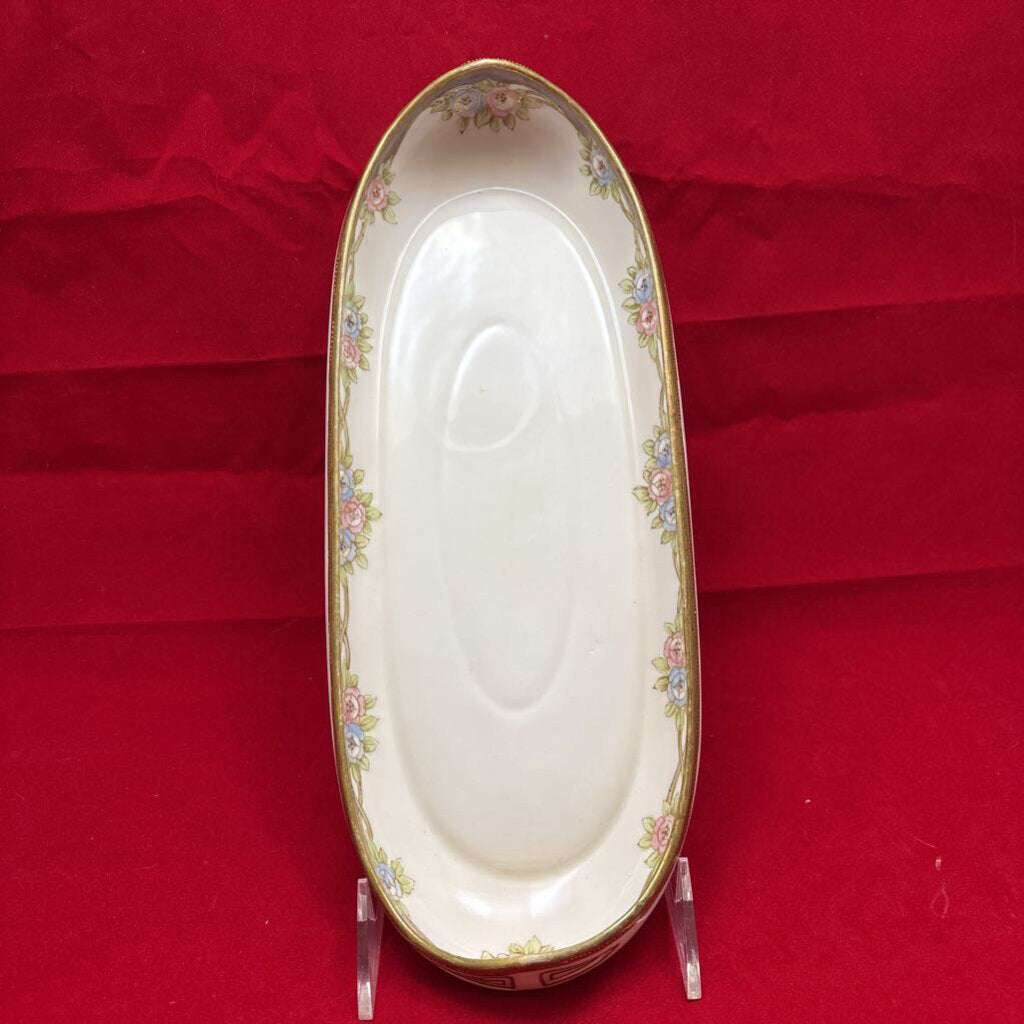 Antique Nippon Oval Boat Dish, Floral Blue/Pink Gold Rim.