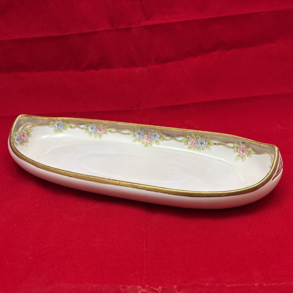 Antique Nippon Oval Boat Dish, Floral Blue/Pink Gold Rim.