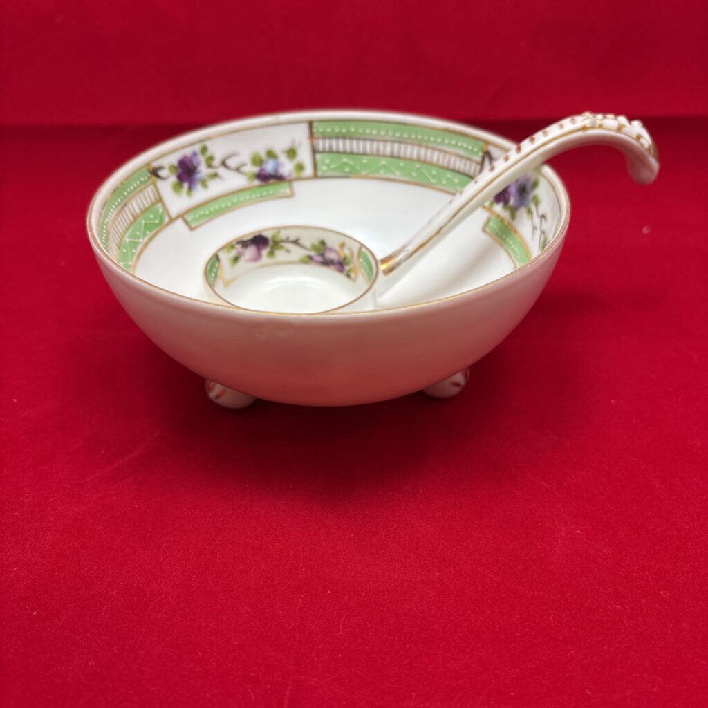 Nippon Hand Painted Green Floral Footed Bowl with Spoon.