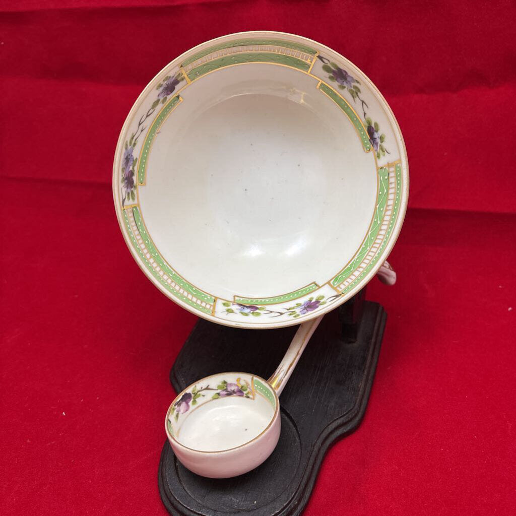 Nippon Hand Painted Green Floral Footed Bowl with Spoon.