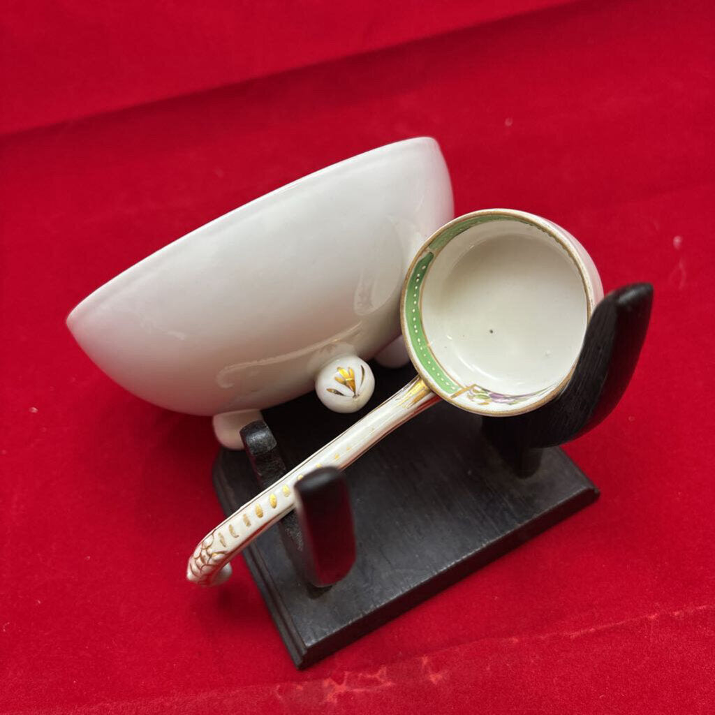 Nippon Hand Painted Green Floral Footed Bowl with Spoon.