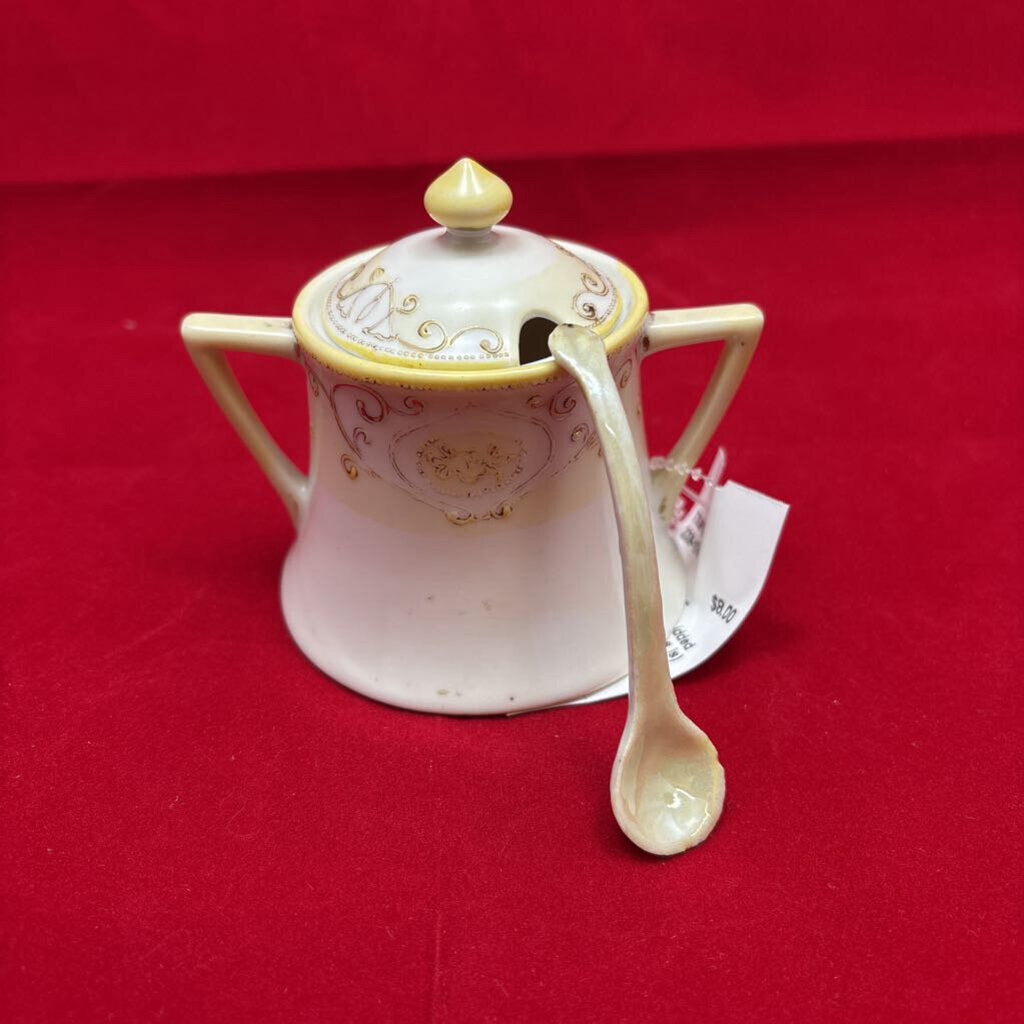 Antique Nippon Lidded Dish with Spoon (as is) yellow