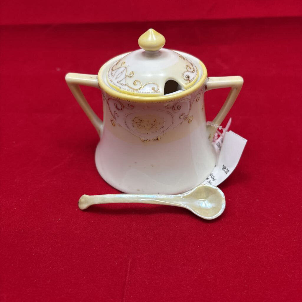 Antique Nippon Lidded Dish with Spoon (as is) yellow