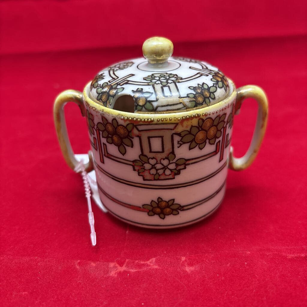 Antique Japanese Porcelain Lidded Sugar Dish, 2 Handles.Orange Fruit/Floral Gold Detail 3''