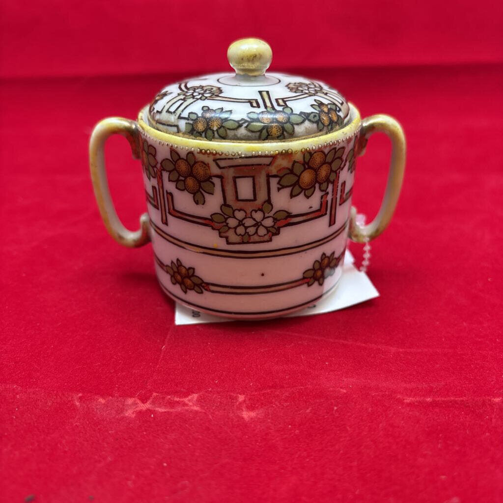 Antique Japanese Porcelain Lidded Sugar Dish, 2 Handles.Orange Fruit/Floral Gold Detail 3''