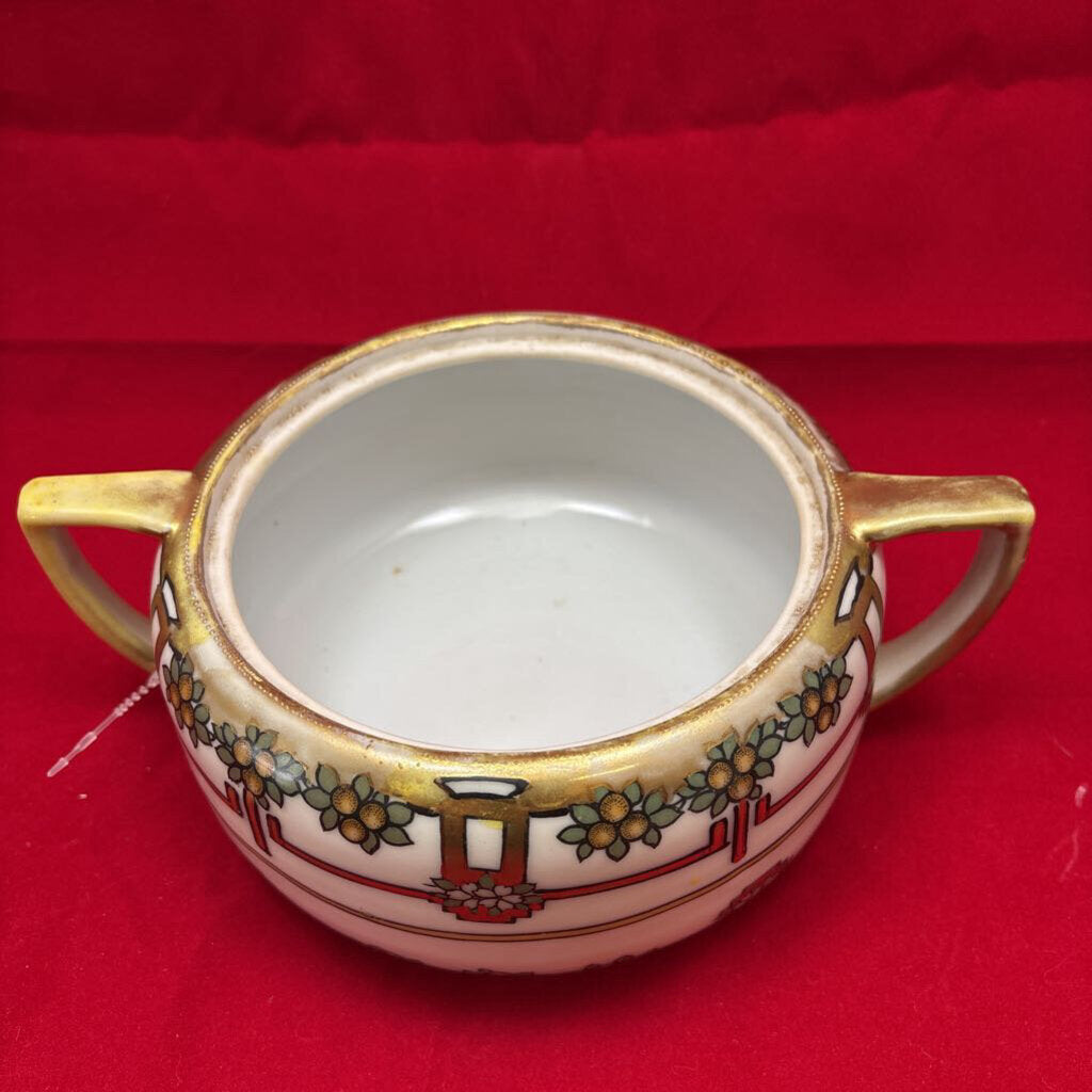 Antique Japanese Porcelain Dish, 2 Handles. Orange Fruit/Floral Gold Detail, (NO LID)