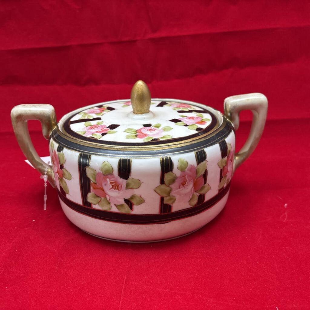 Antique Nippon Art Deco Floral Lidded Dish, Gold/Black/Pink.