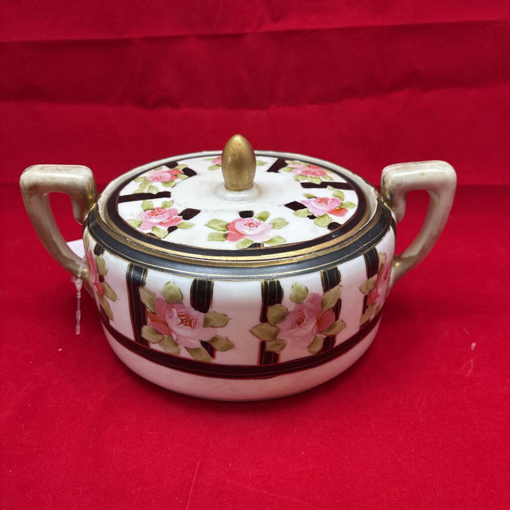 Antique Nippon Art Deco Floral Lidded Dish, Gold/Black/Pink.