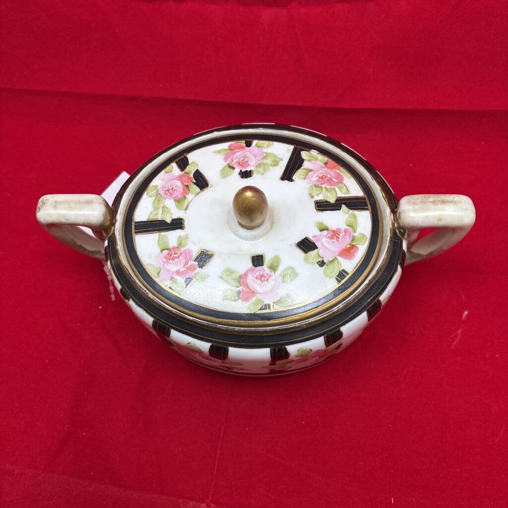 Antique Nippon Art Deco Floral Lidded Dish, Gold/Black/Pink.