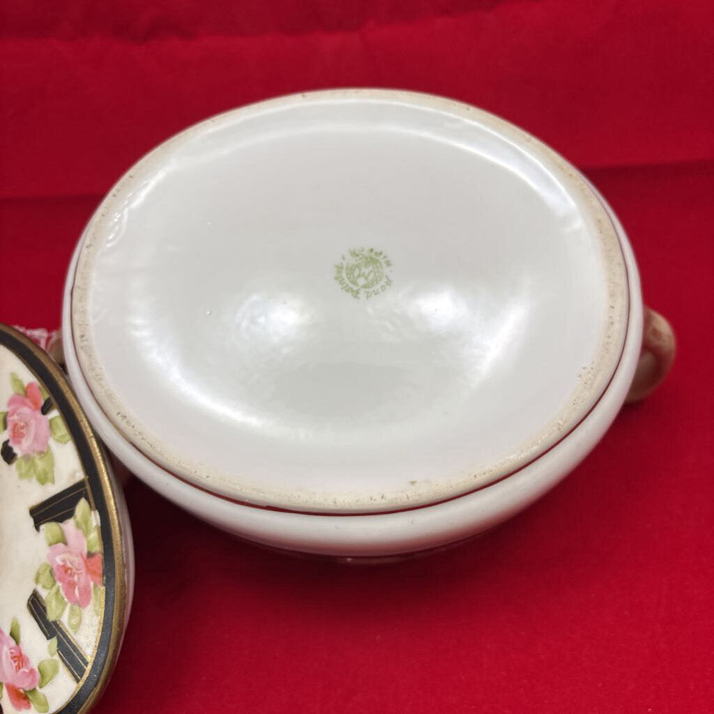Antique Nippon Art Deco Floral Lidded Dish, Gold/Black/Pink.