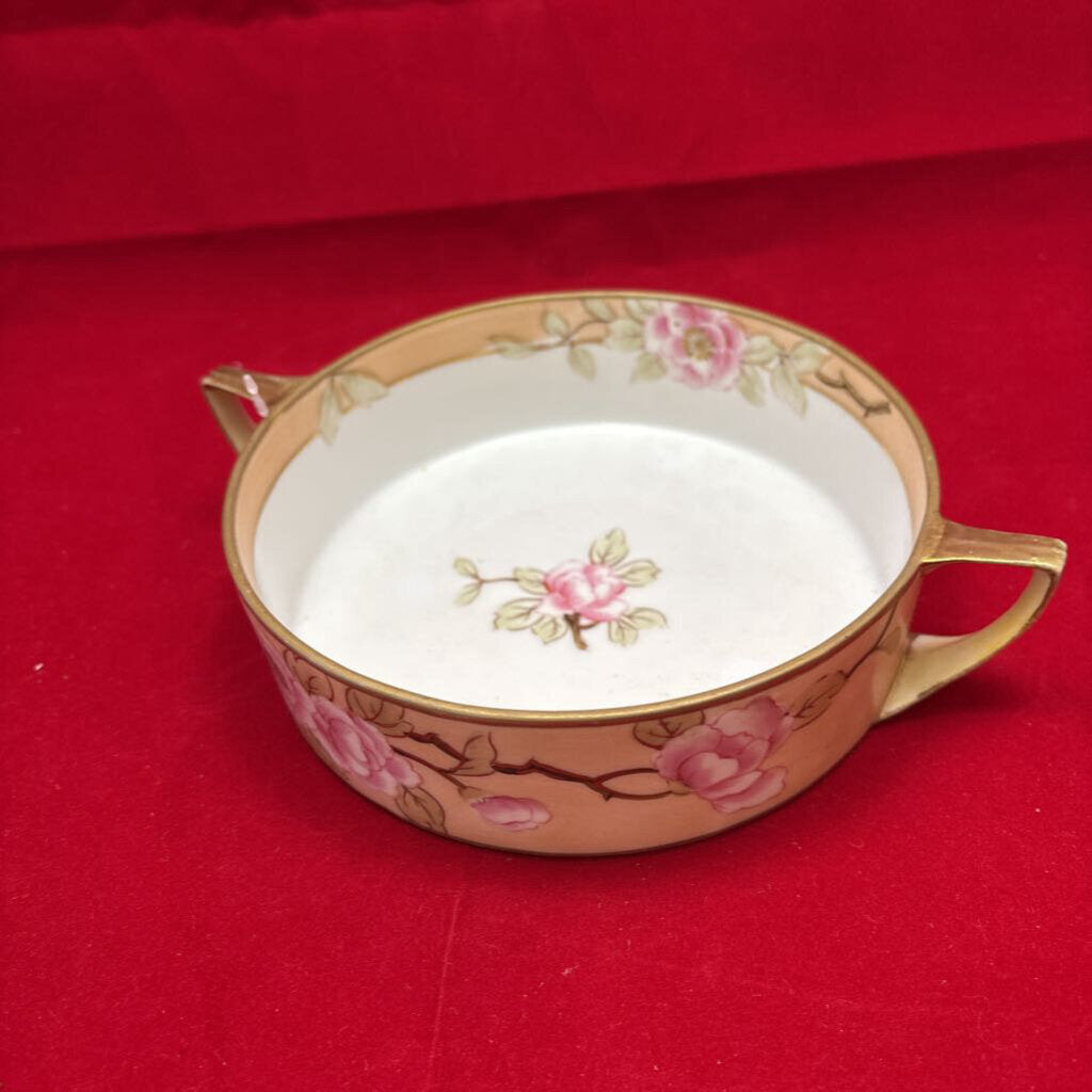 Antique Floral Handled Dish, Pin/Peach Color. (no lid)