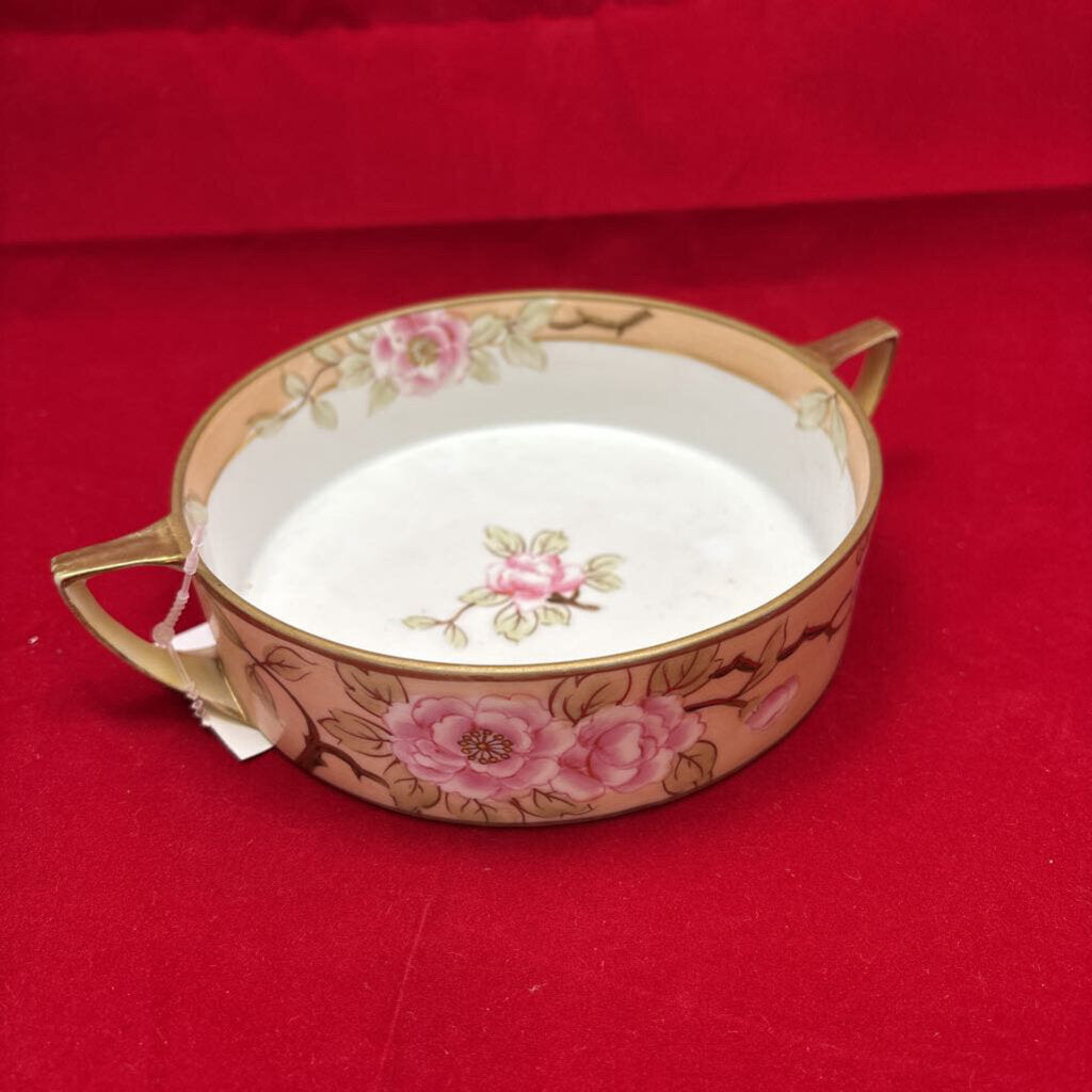 Antique Floral Handled Dish, Pin/Peach Color. (no lid)
