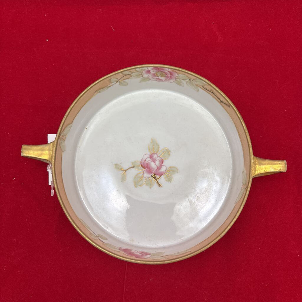 Antique Floral Handled Dish, Pin/Peach Color. (no lid)